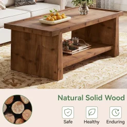 47" Wood Coffee Table, Farmhouse Center Table with 2-Tier Open Storage
