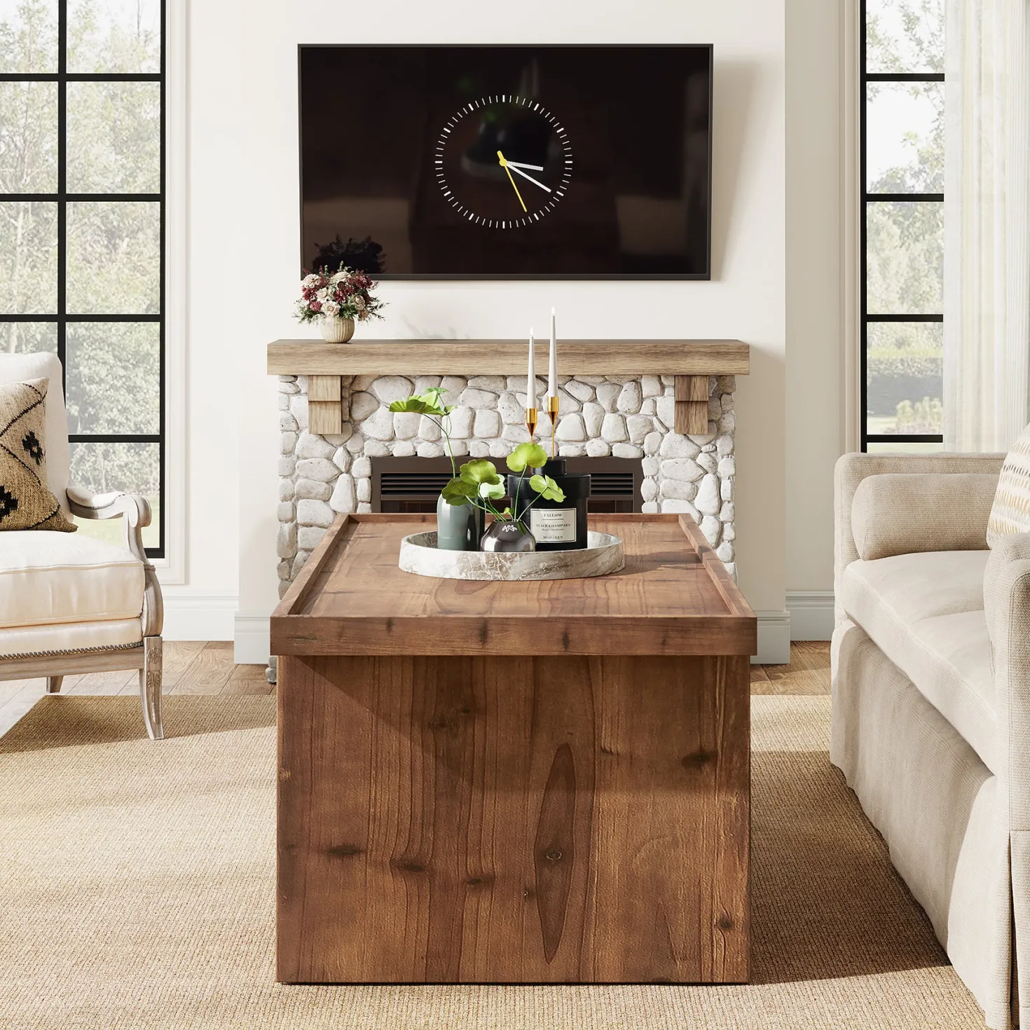 47" Wood Coffee Table, Farmhouse Center Table with 2-Tier Open Storage