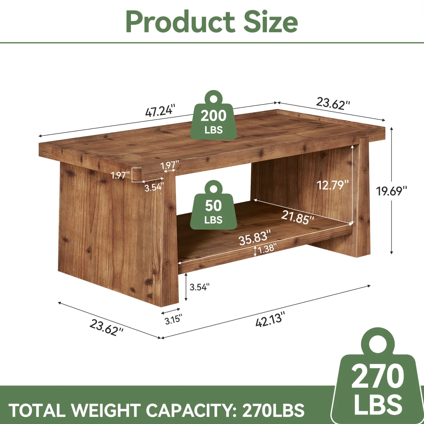 47" Wood Coffee Table, Farmhouse Center Table with 2-Tier Open Storage