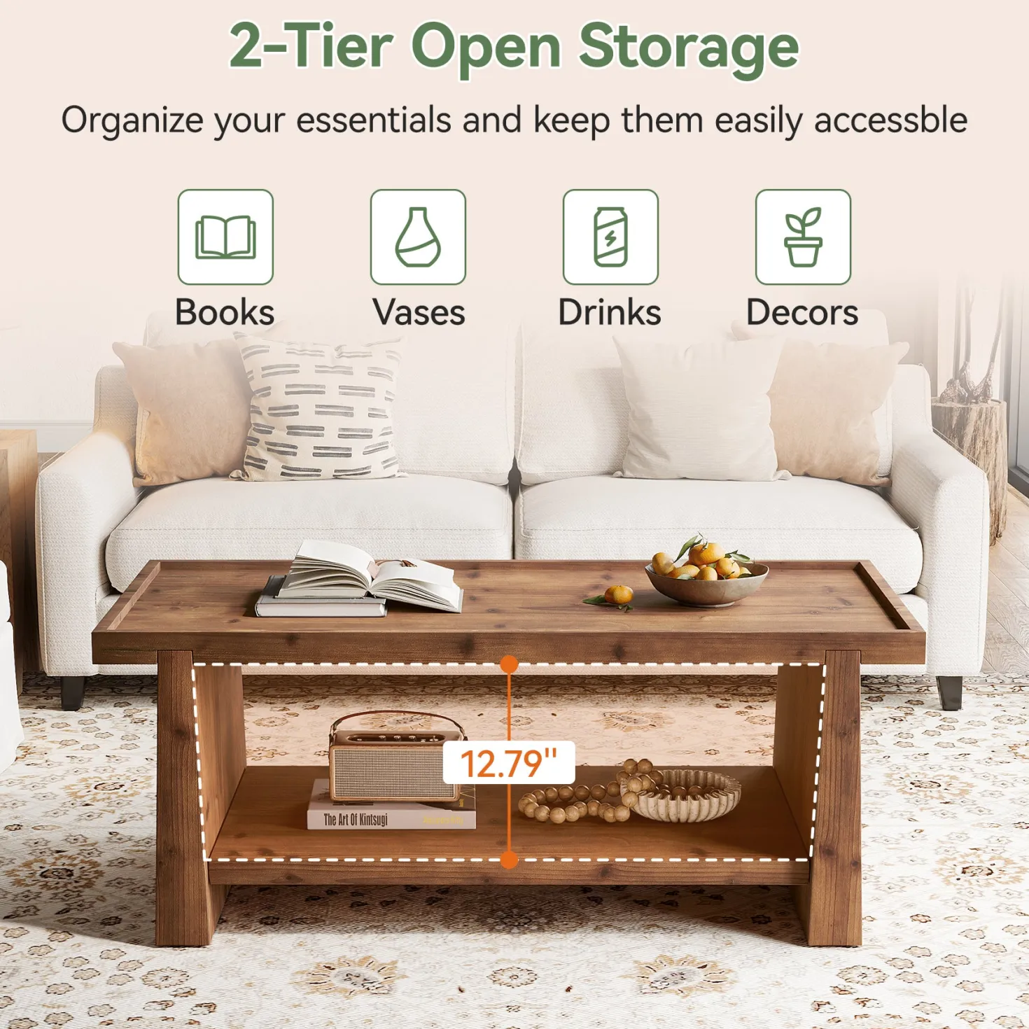 47" Wood Coffee Table, Farmhouse Center Table with 2-Tier Open Storage