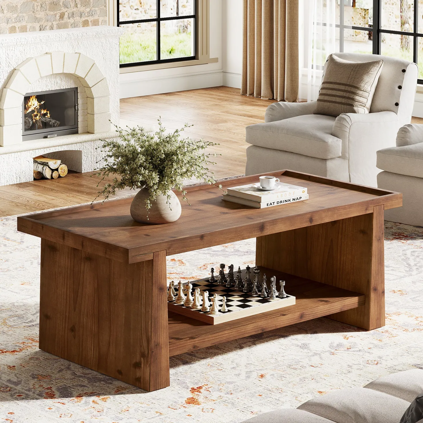 47" Wood Coffee Table, Farmhouse Center Table with 2-Tier Open Storage