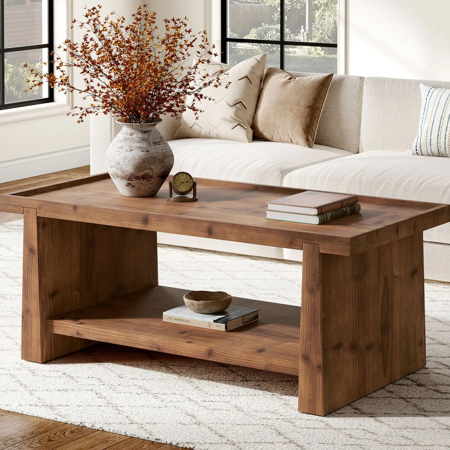 47" Wood Coffee Table, Farmhouse Center Table with 2-Tier Open Storage