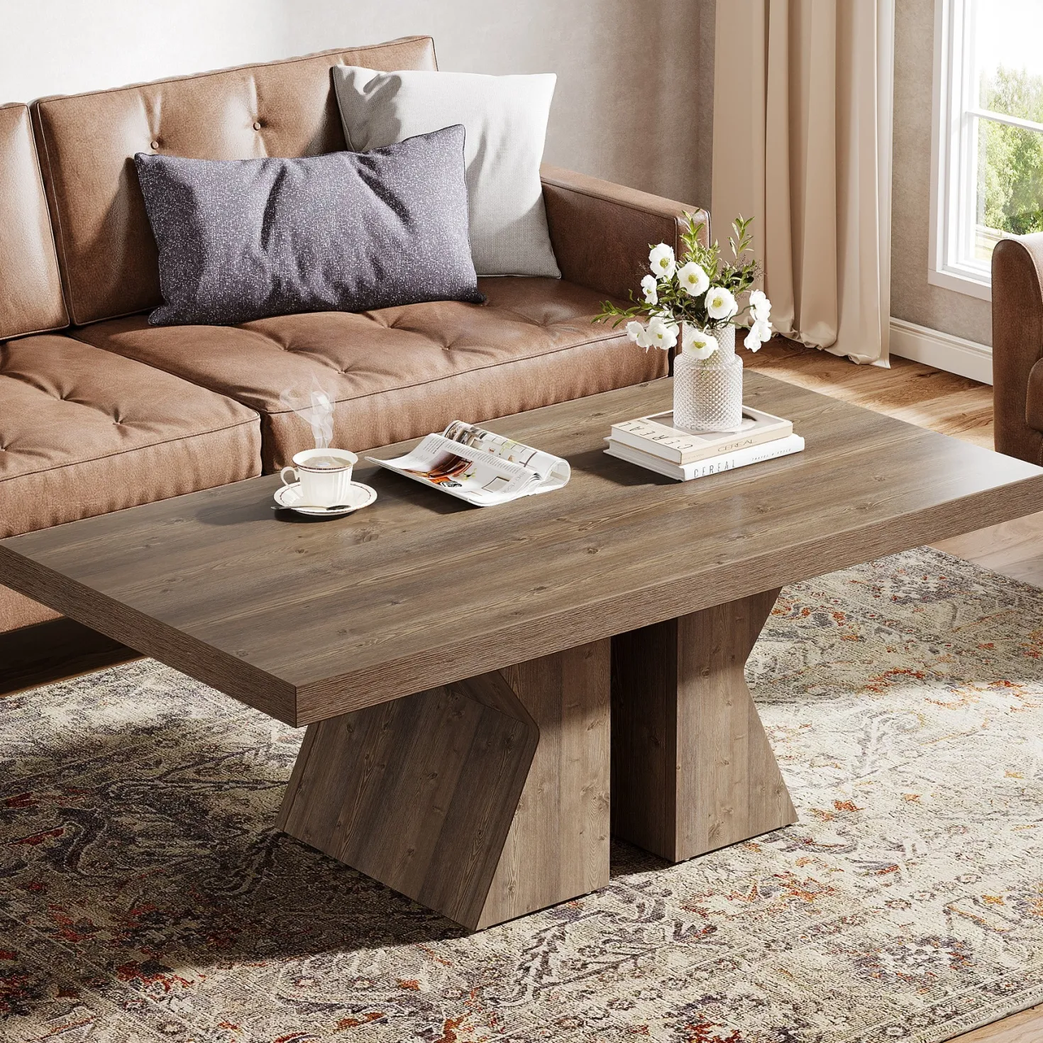 47" Wood Coffee Table, Rectangular Center Table Snack Table