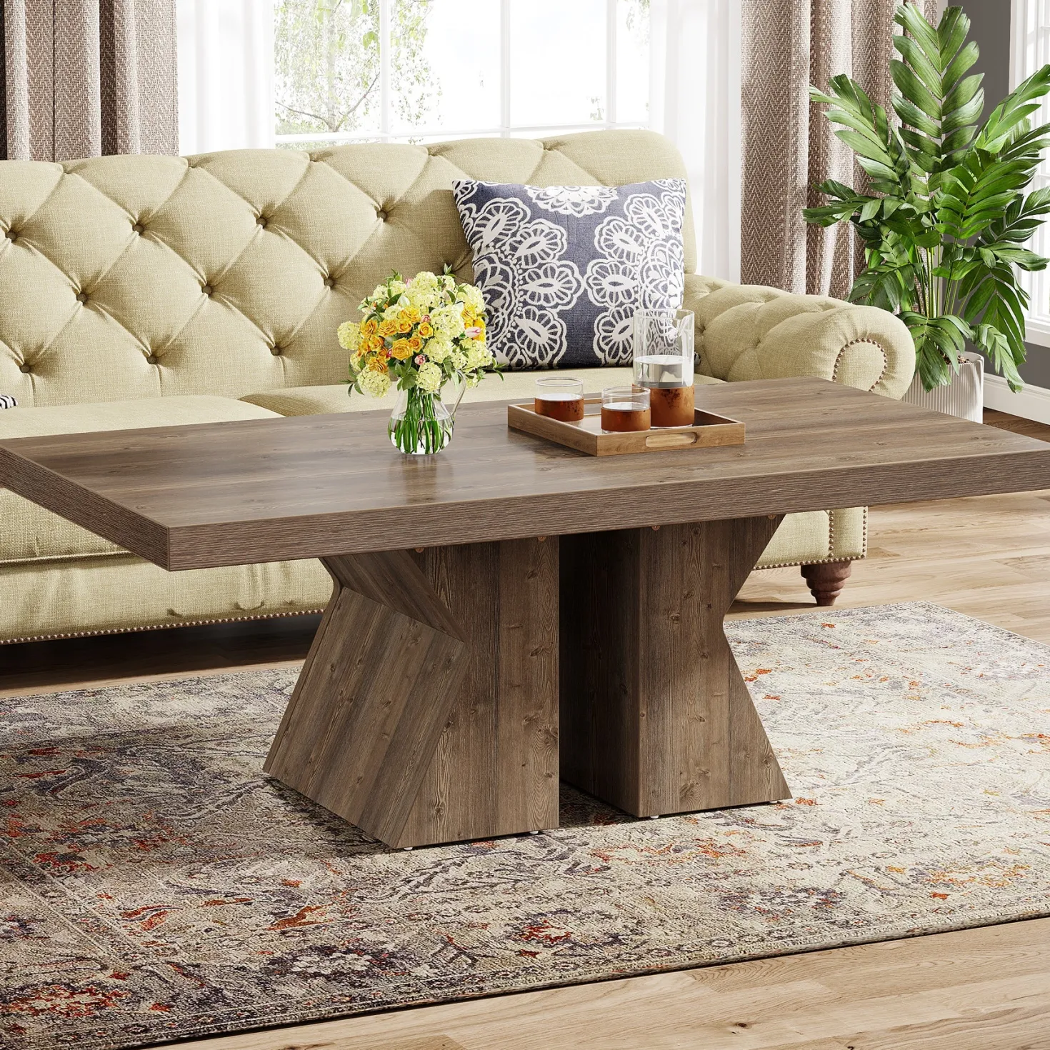 47" Wood Coffee Table, Rectangular Center Table Snack Table