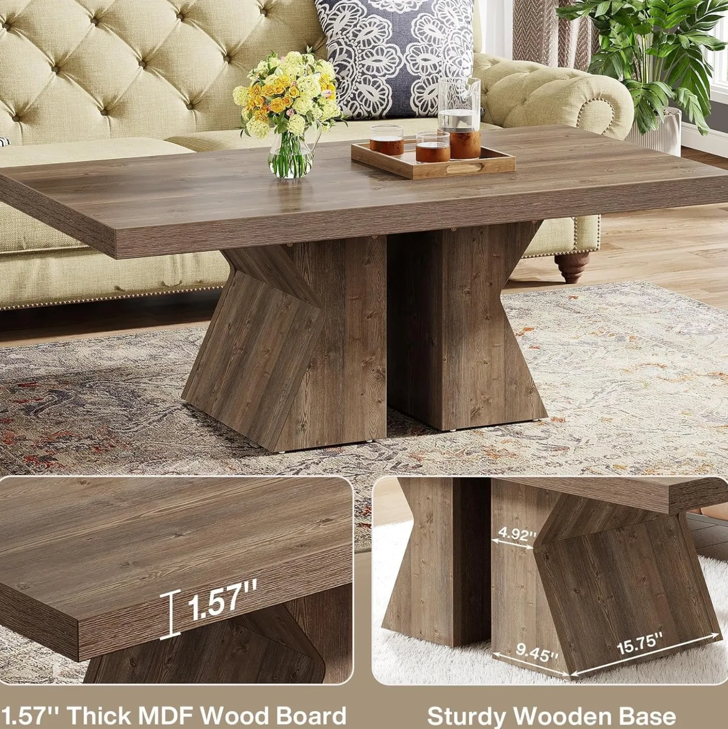 47" Wood Coffee Table, Rectangular Center Table Snack Table