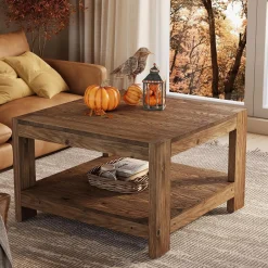 31.5" Wood Coffee Table, Square Farmhouse Center Table with Storage Shelf