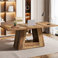 63" Wood Computer Desk, Faux Marble Executive Desk Office Desk