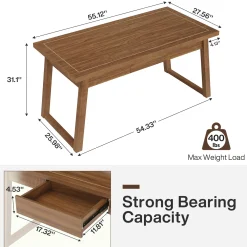 55" Wood Computer Desk, Mid-Century Modern Study Writing Table with Drawer