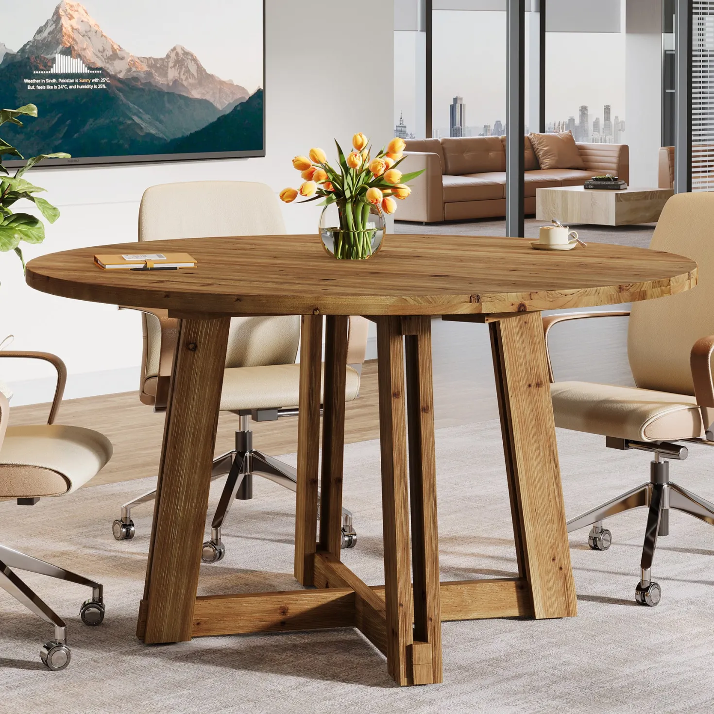 47" Wood Conference Table, Round Meeting Table with Thickened Tabletop