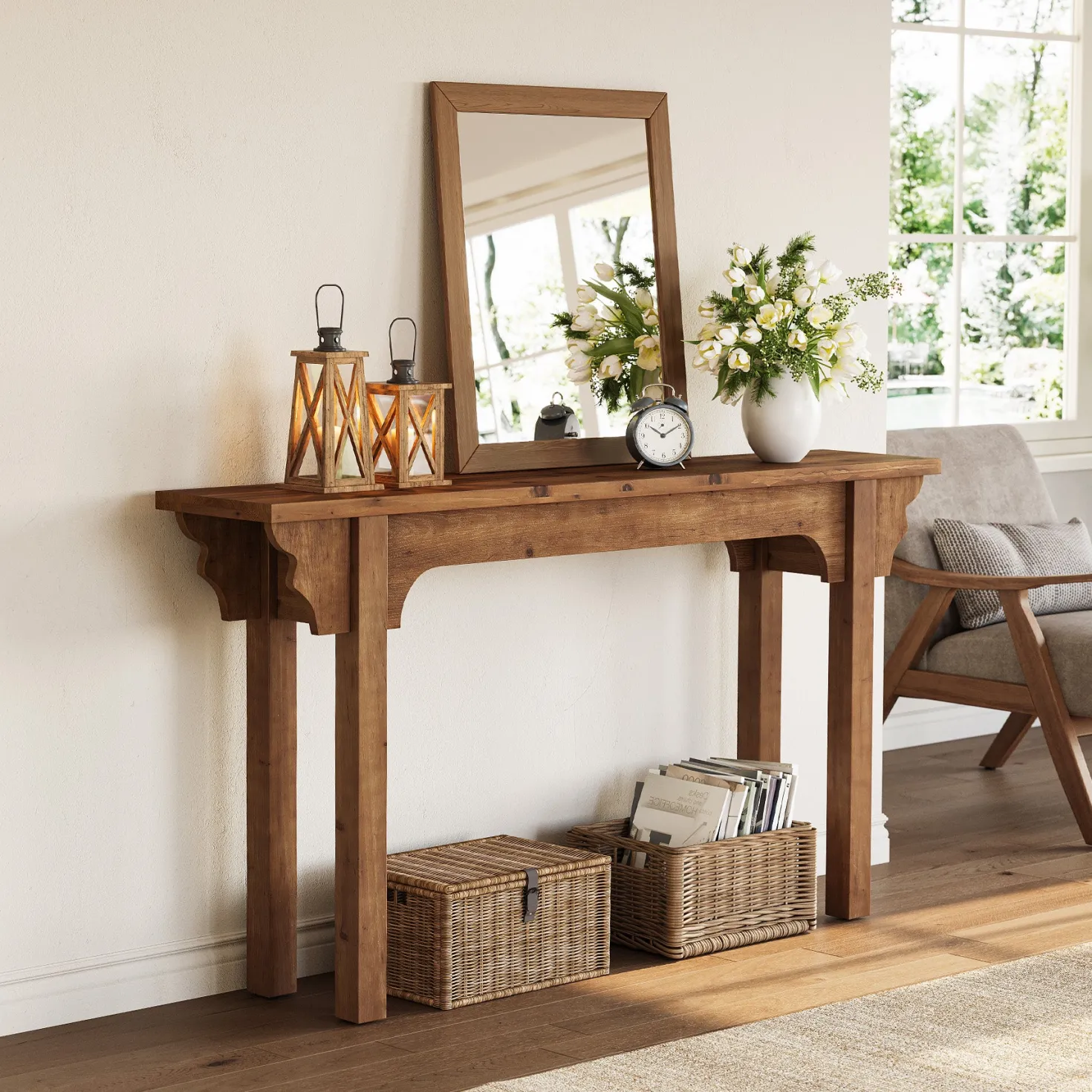 63" Wood Console Table, Mid-Century Entryway Table Sofa Table for Hallway