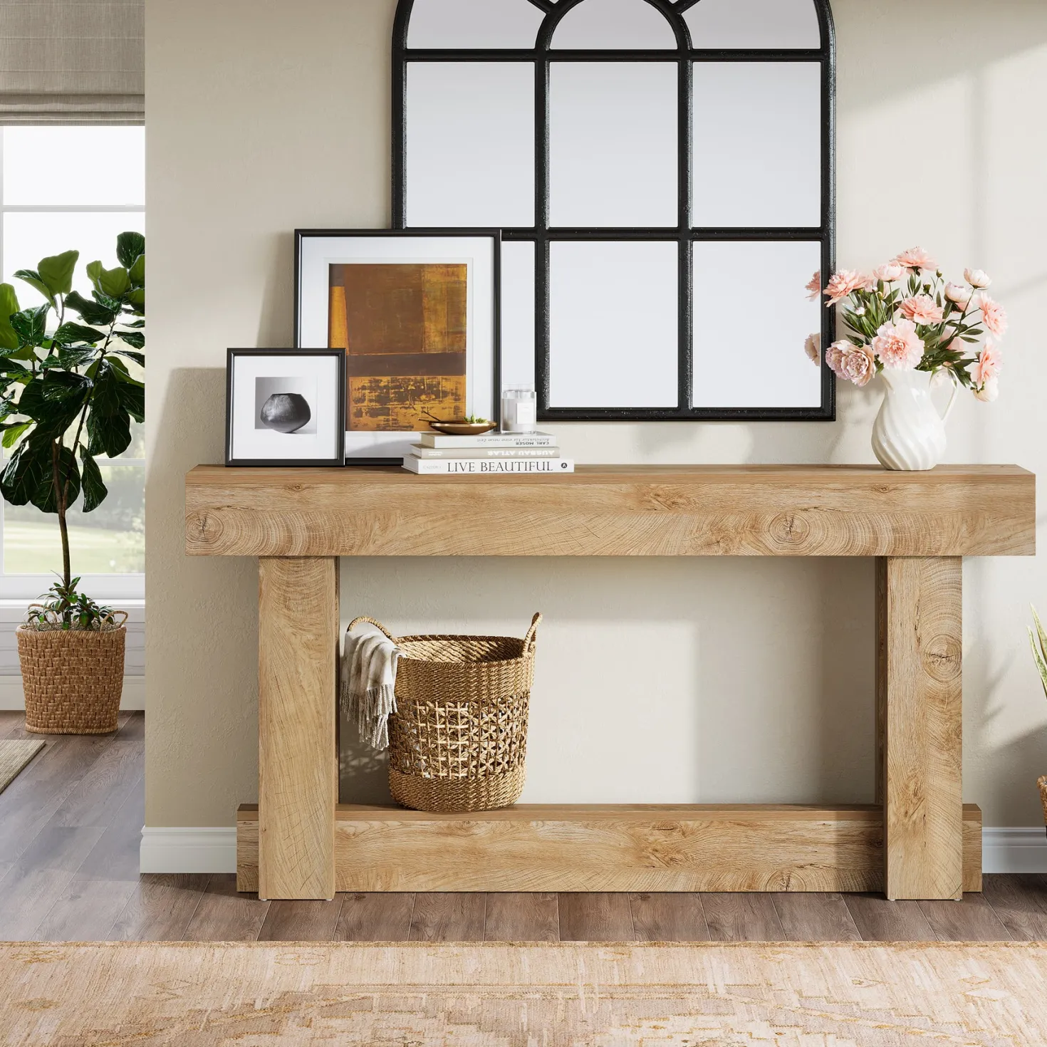 63" Wood Console Table, 2-Tier Farmhouse Entryway Table