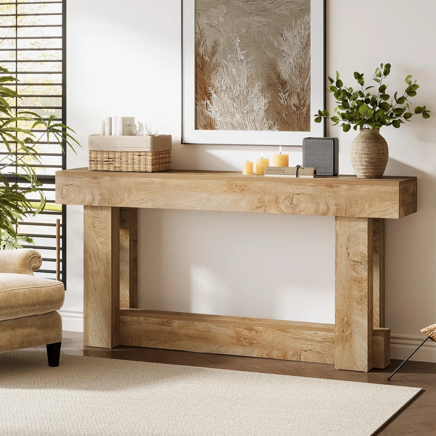 63" Wood Console Table, 2-Tier Farmhouse Entryway Table