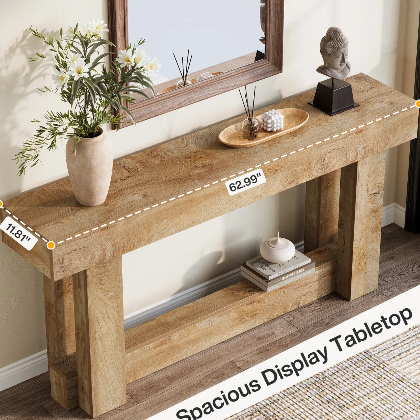 63" Wood Console Table, 2-Tier Farmhouse Entryway Table