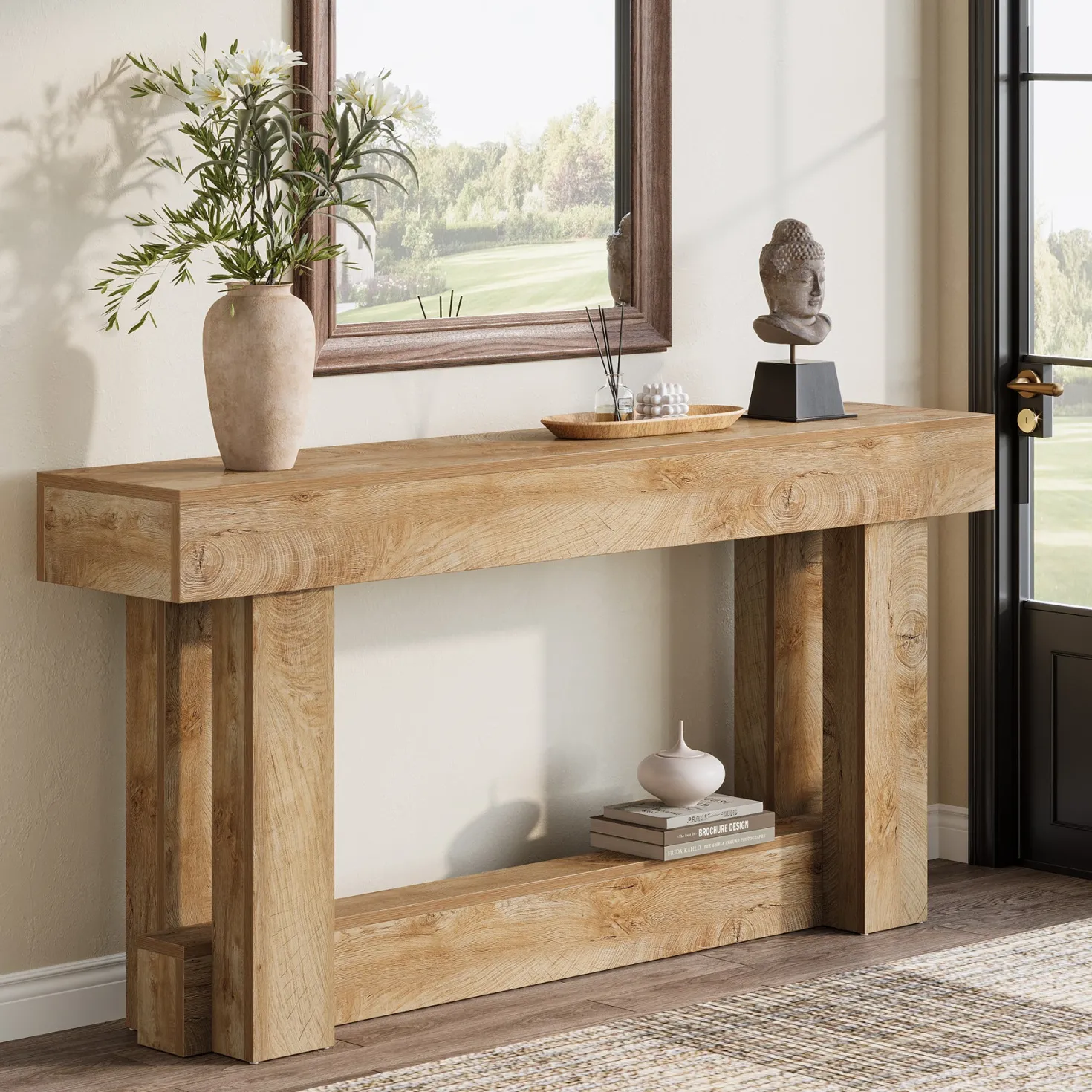 63" Wood Console Table, 2-Tier Farmhouse Entryway Table