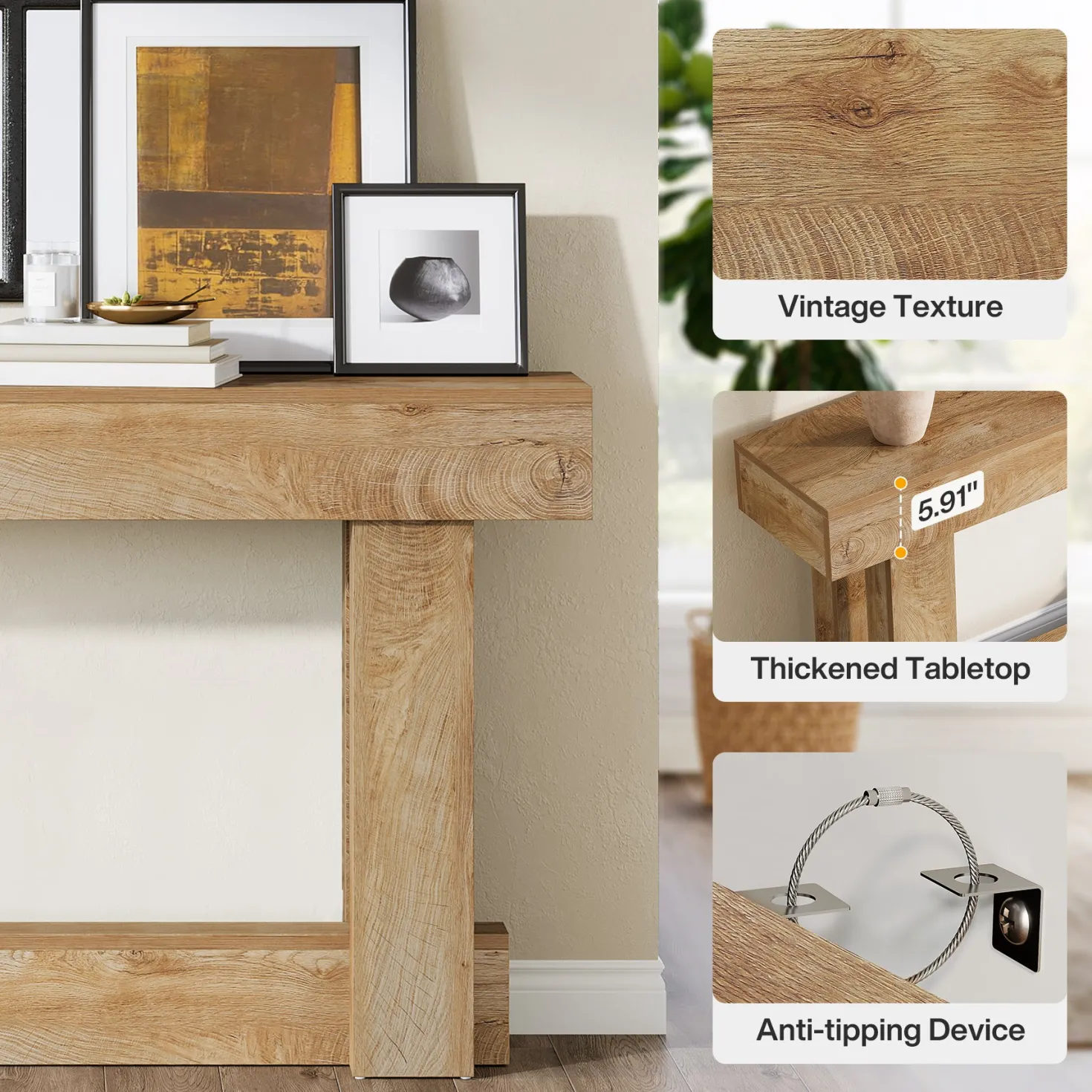 63" Wood Console Table, 2-Tier Farmhouse Entryway Table