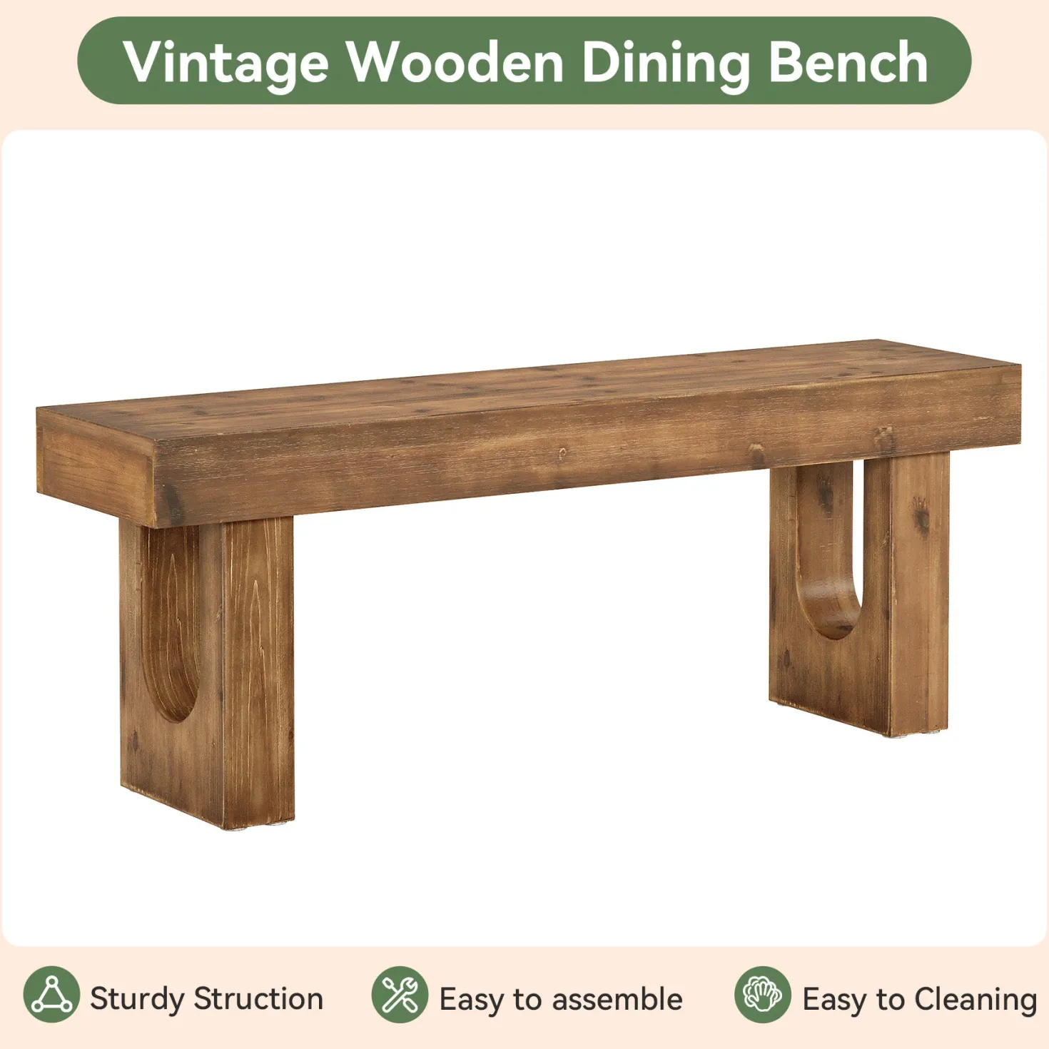 47" Wood Dining Bench, Farmhouse Kitchen Table Bench with Sturdy Legs