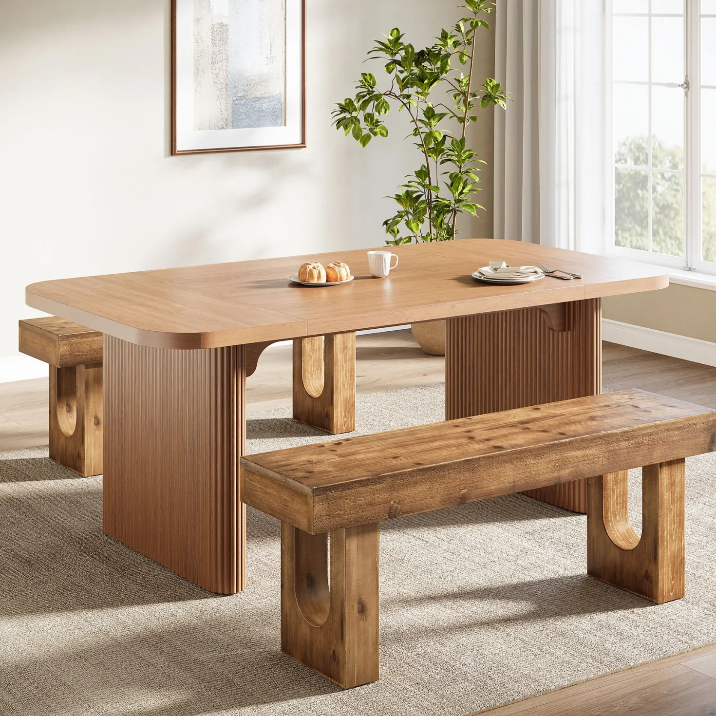 47" Wood Dining Bench, Farmhouse Kitchen Table Bench with Sturdy Legs
