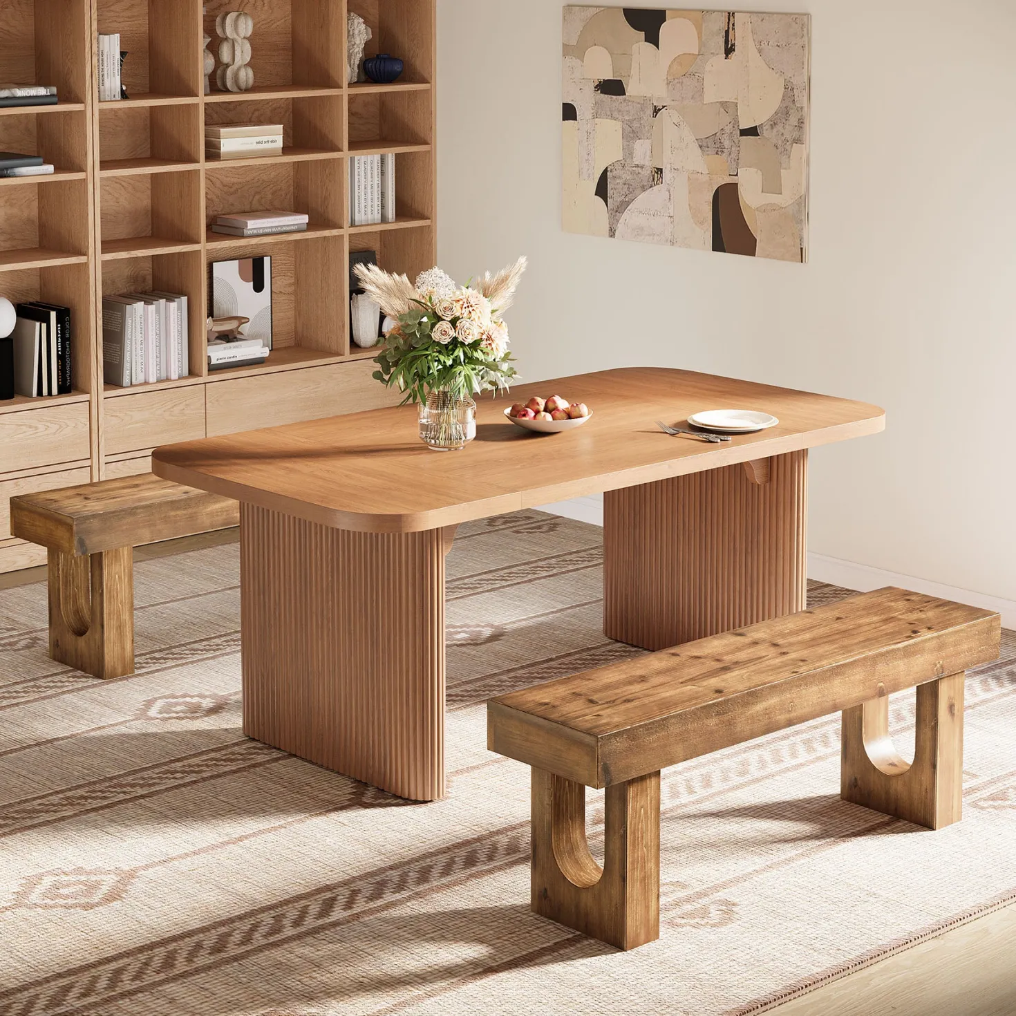 47" Wood Dining Bench, Farmhouse Kitchen Table Bench with Sturdy Legs