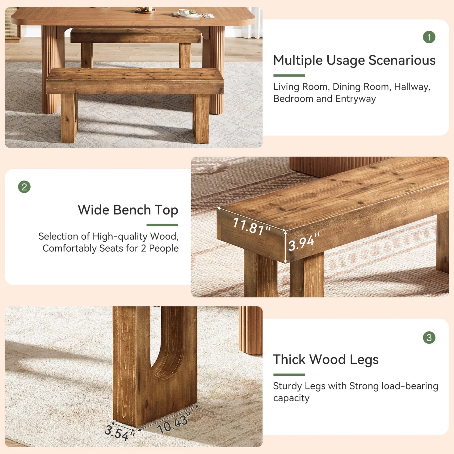 47" Wood Dining Bench, Farmhouse Kitchen Table Bench with Sturdy Legs