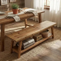 63" Wood Dining Room Bench, Farmhouse Kitchen Bench Seating with Storage Shelf