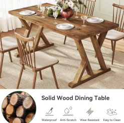 63" Wood Dining Table, Farmhouse Kitchen Dinner Table for 4-6 People
