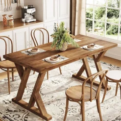 63" Wood Dining Table, Farmhouse Kitchen Dinner Table for 4-6 People