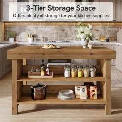 55" Wood Kitchen Island, 3-Tier Farmhouse Counter Height Coffee Bar