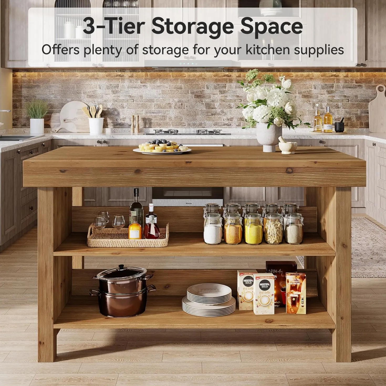 55" Wood Kitchen Island, 3-Tier Farmhouse Counter Height Coffee Bar