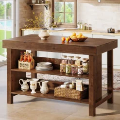 55" Wood Kitchen Island, 3-Tier Farmhouse Counter Height Coffee Bar