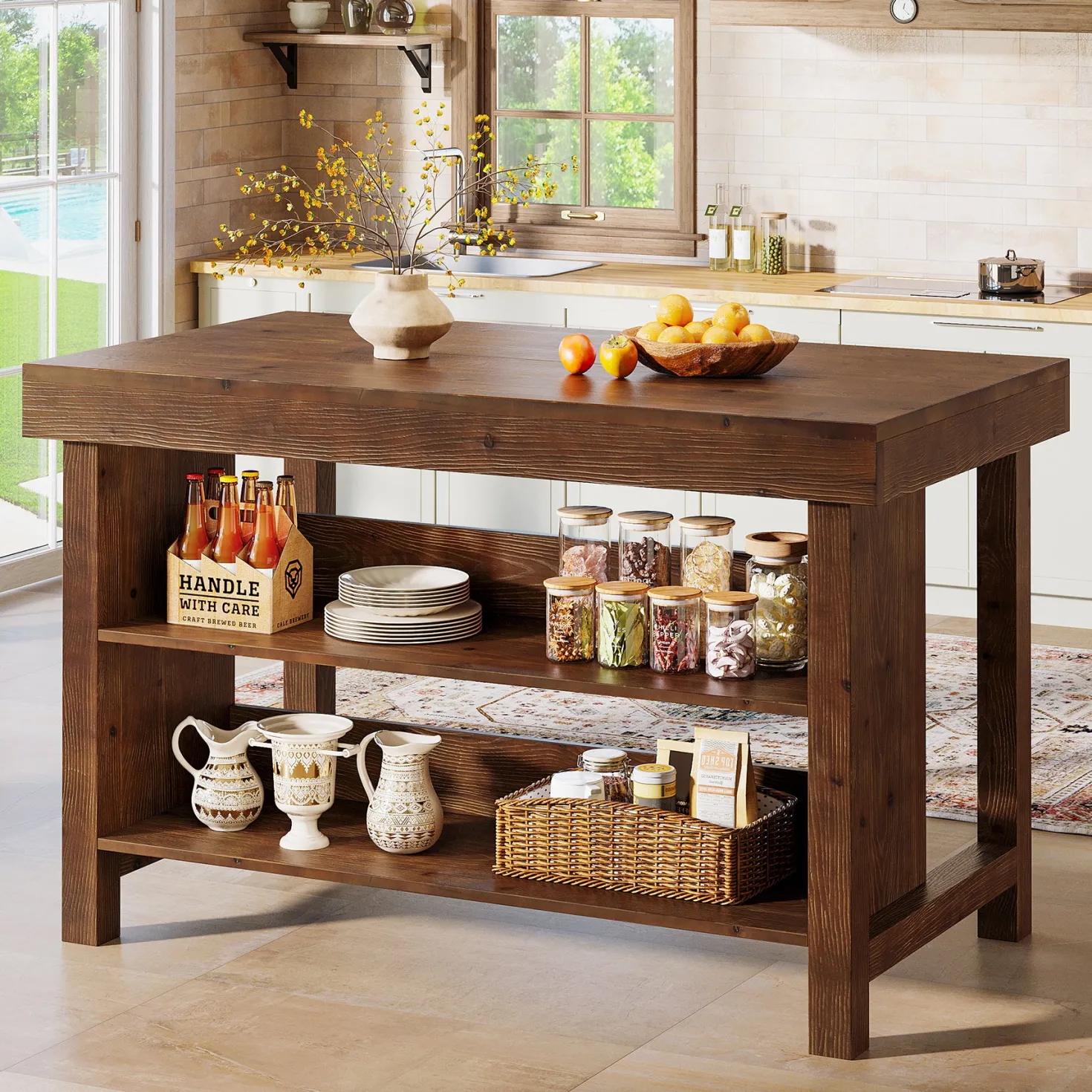 55" Wood Kitchen Island, 3-Tier Farmhouse Counter Height Coffee Bar