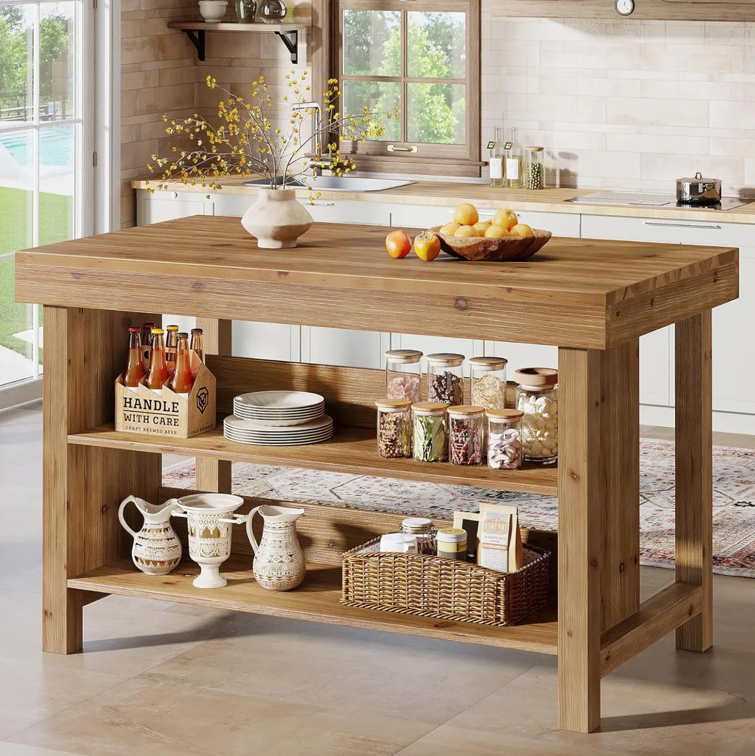 55" Wood Kitchen Island, 3-Tier Farmhouse Counter Height Coffee Bar