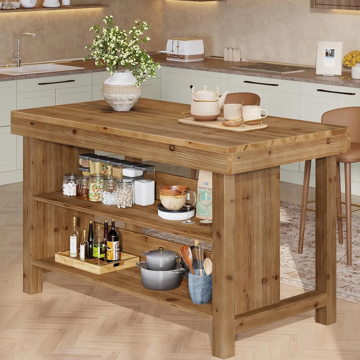 55" Wood Kitchen Island, 3-Tier Farmhouse Counter Height Coffee Bar