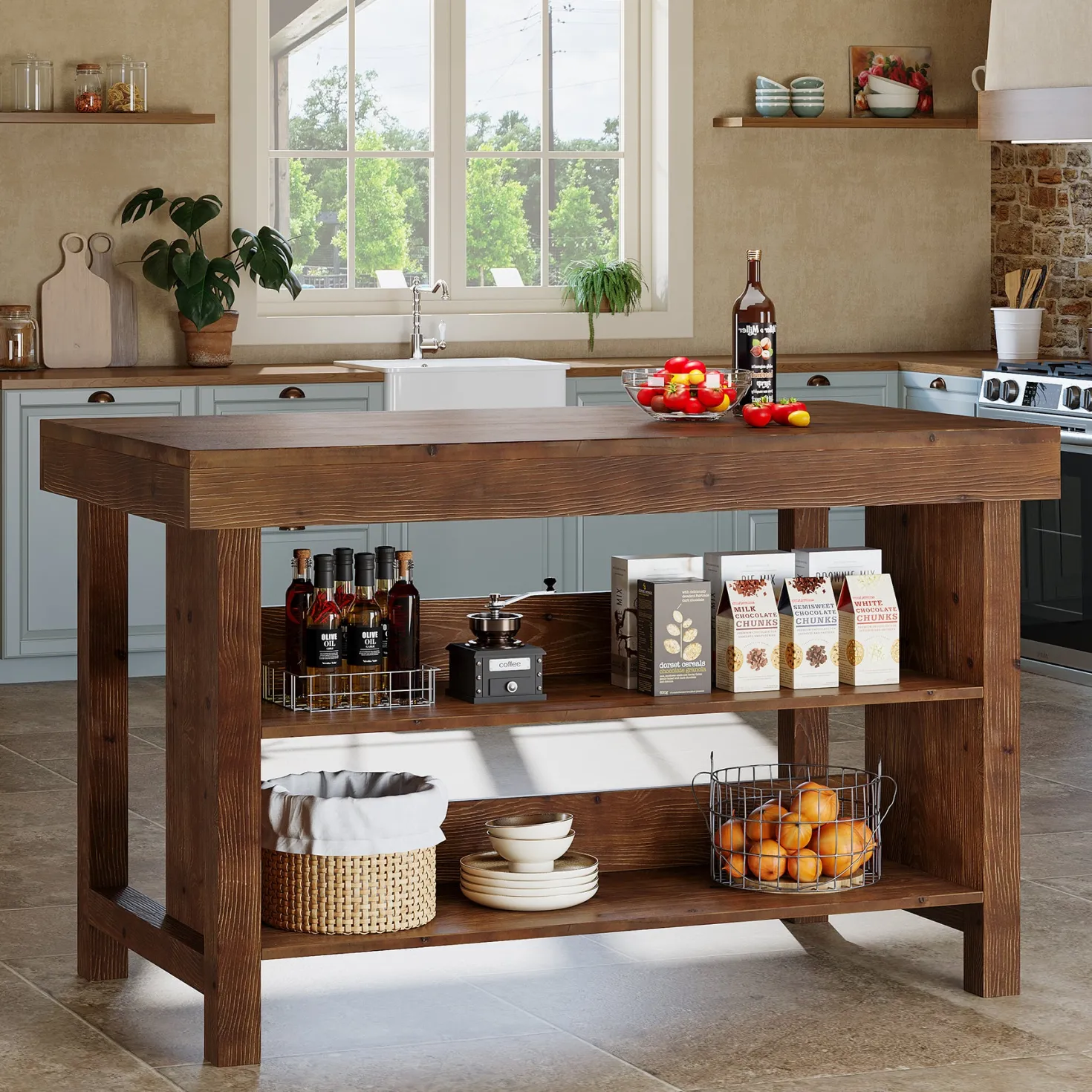 55" Wood Kitchen Island, 3-Tier Farmhouse Counter Height Coffee Bar