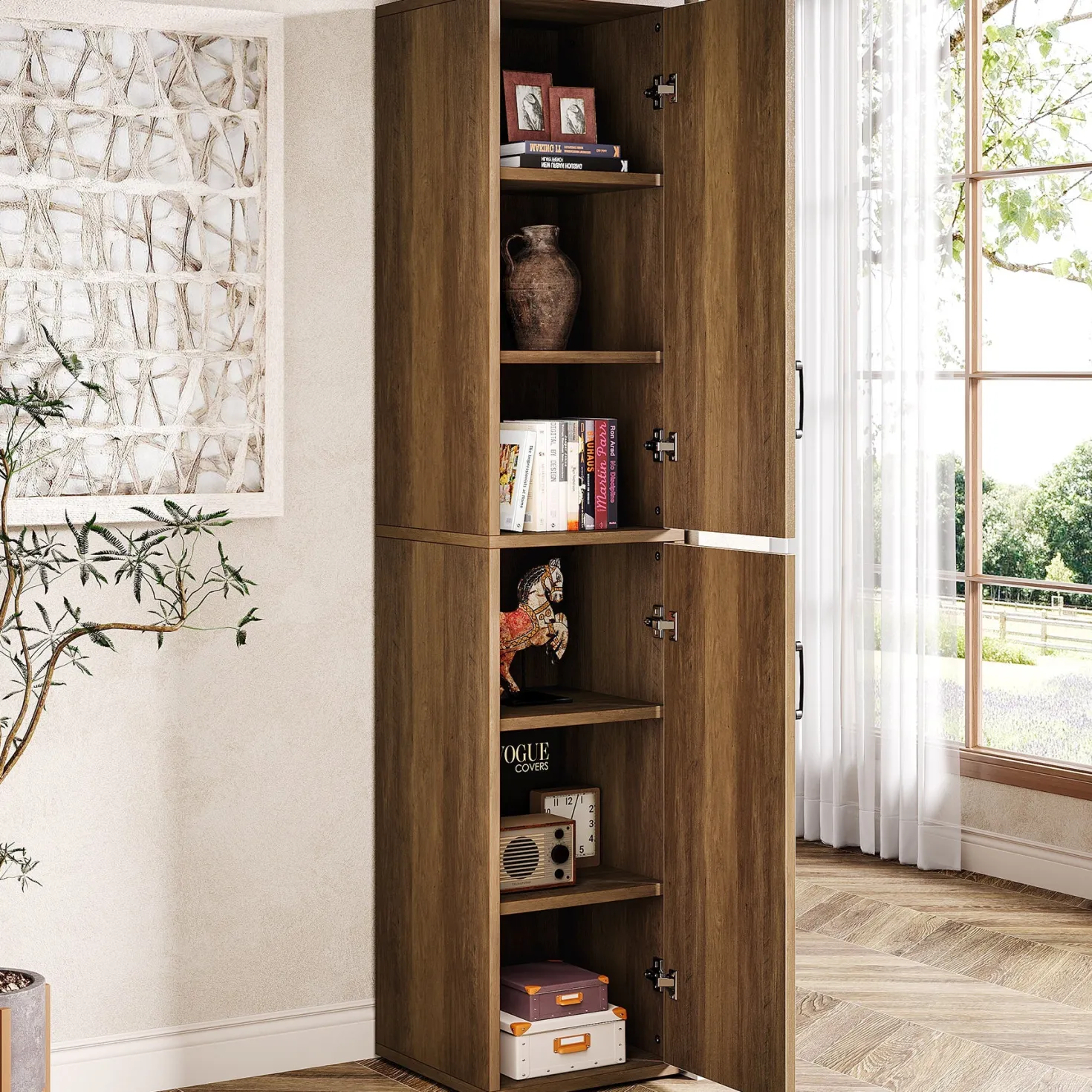 75" Wood Storage Cabinet, Free-Standing Cube Cabinet with 6 Shelves