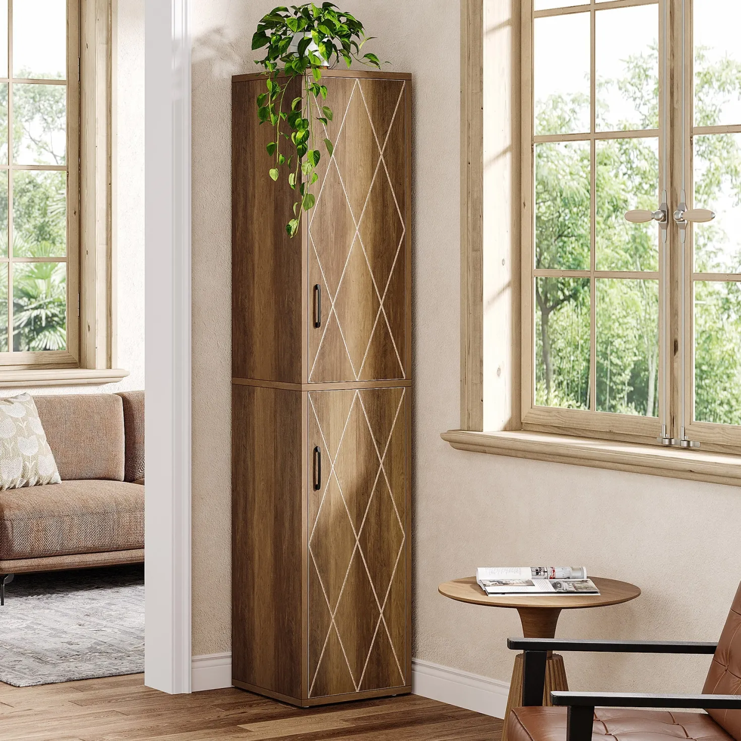 75" Wood Storage Cabinet, Free-Standing Cube Cabinet with 6 Shelves
