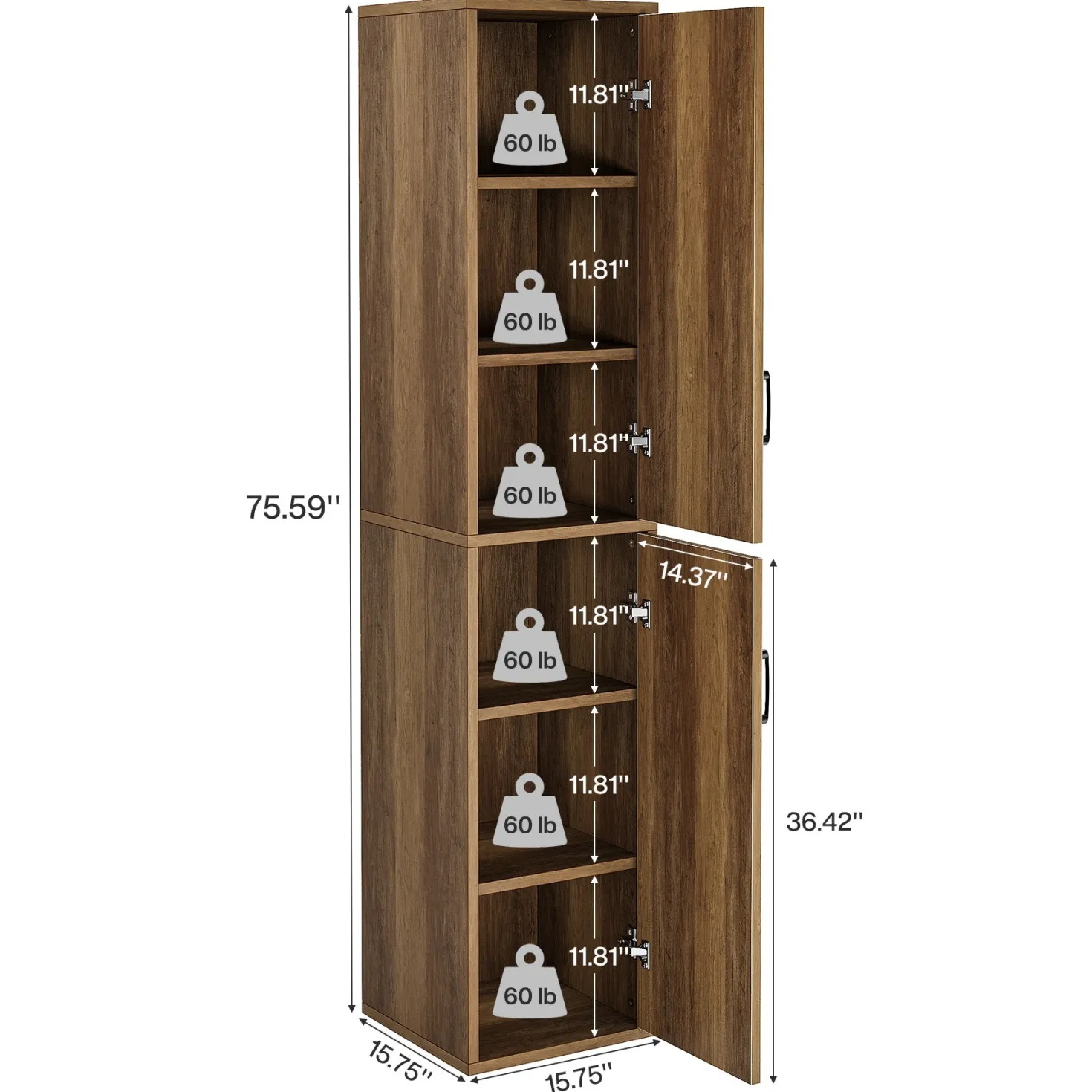 75" Wood Storage Cabinet, Free-Standing Cube Cabinet with 6 Shelves