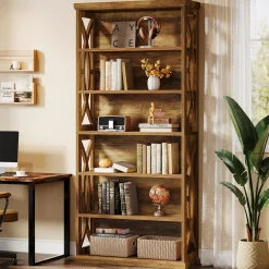 71" Wooden Bookshelf, 6-Tier Freestanding Bookcase Display Shelves