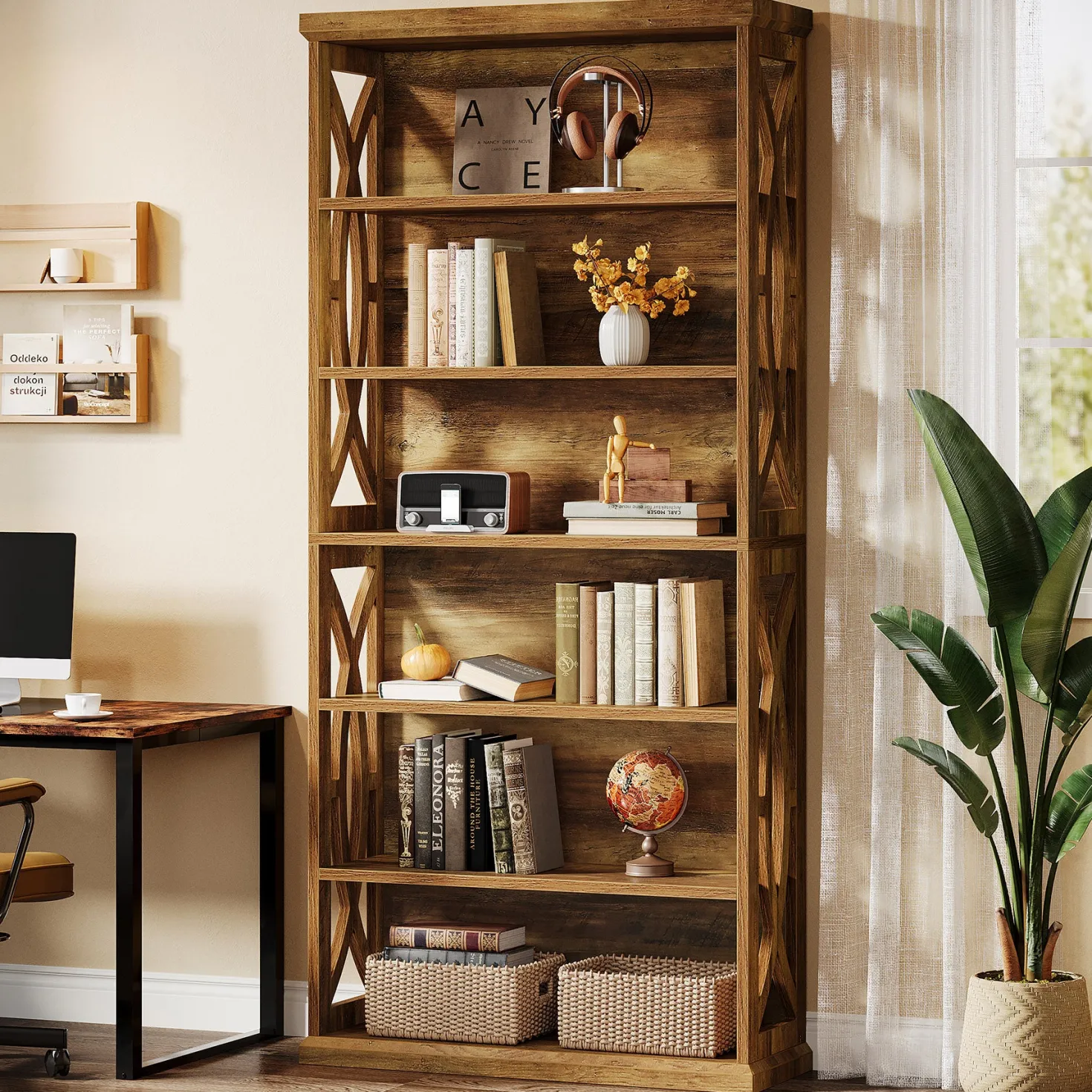 71" Wooden Bookshelf, 6-Tier Freestanding Bookcase Display Shelves