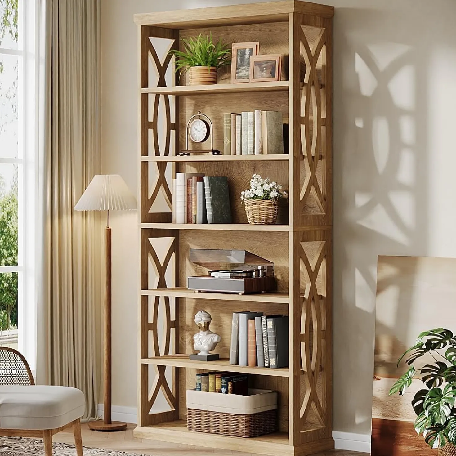 71" Wooden Bookshelf, 6-Tier Freestanding Bookcase Display Shelves