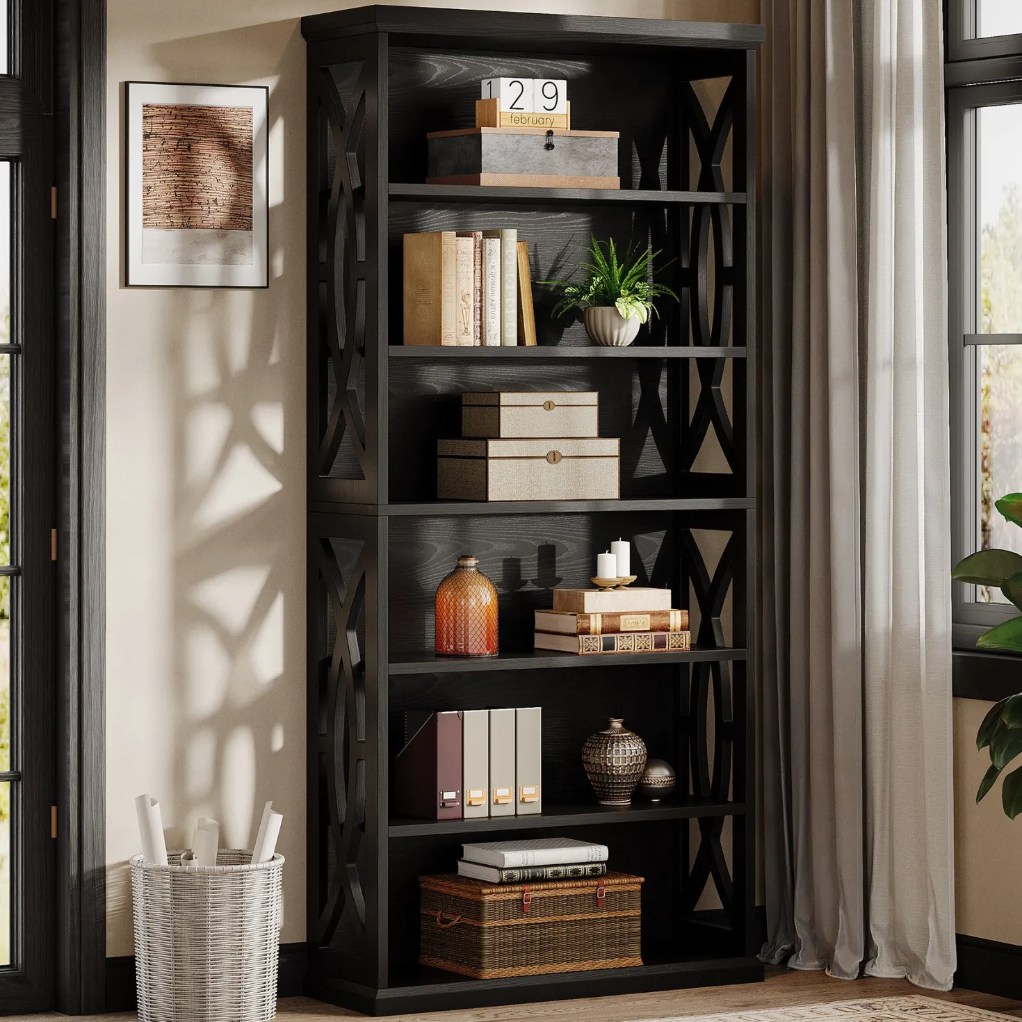 71" Wooden Bookshelf, 6-Tier Freestanding Bookcase Display Shelves