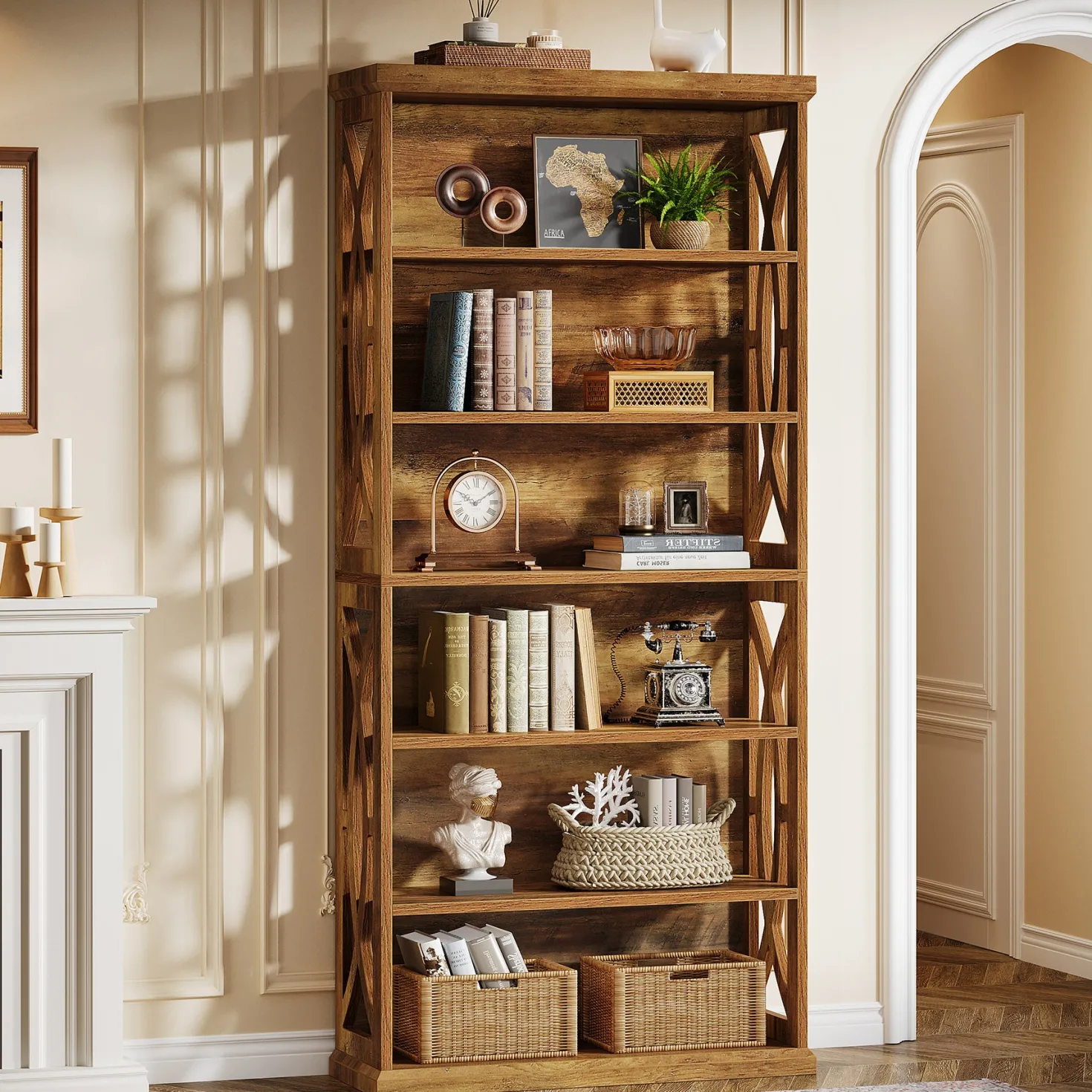 71" Wooden Bookshelf, 6-Tier Freestanding Bookcase Display Shelves