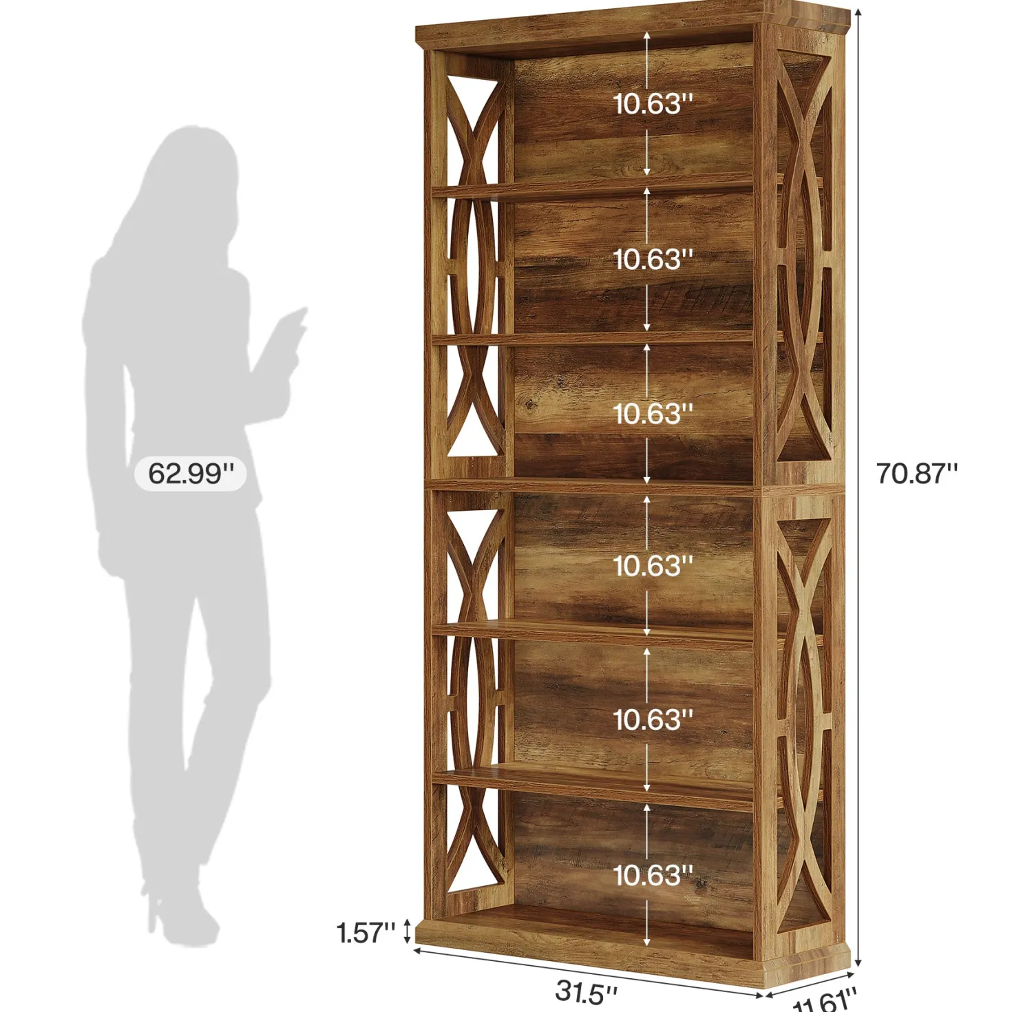 71" Wooden Bookshelf, 6-Tier Freestanding Bookcase Display Shelves