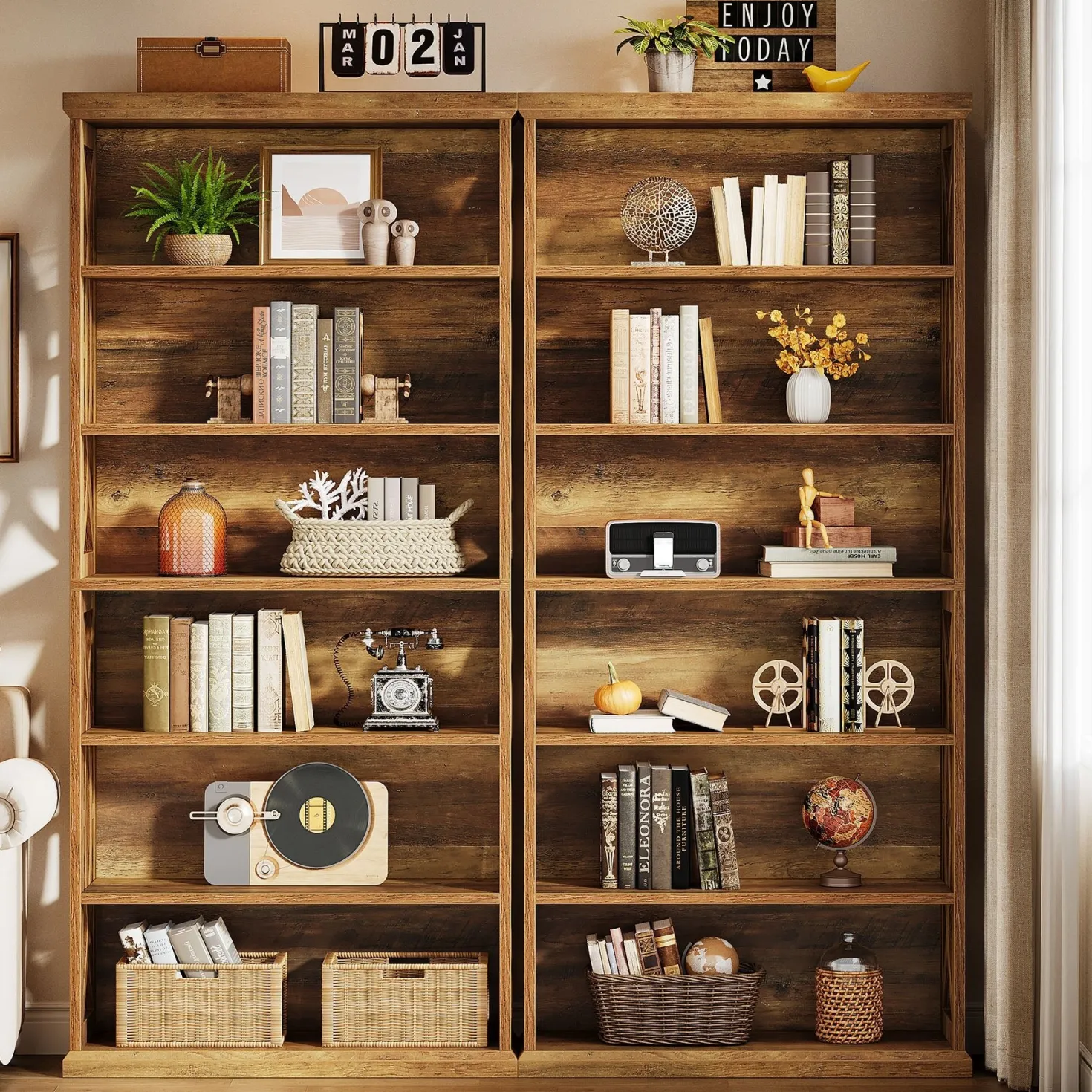 71" Wooden Bookshelf, 6-Tier Freestanding Bookcase Display Shelves