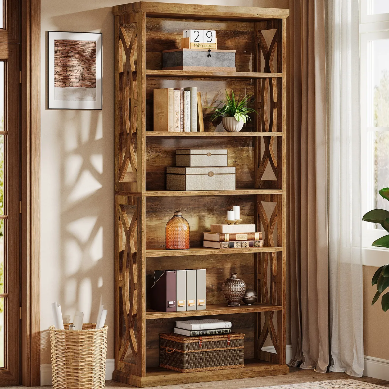 71" Wooden Bookshelf, 6-Tier Freestanding Bookcase Display Shelves