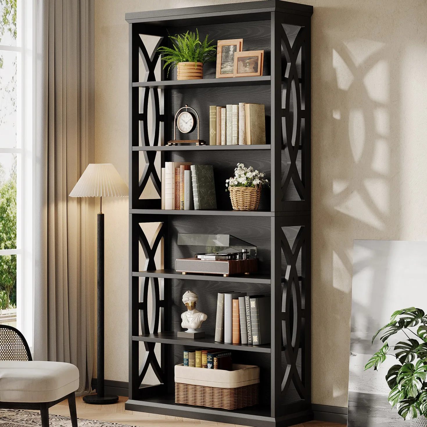 71" Wooden Bookshelf, 6-Tier Freestanding Bookcase Display Shelves