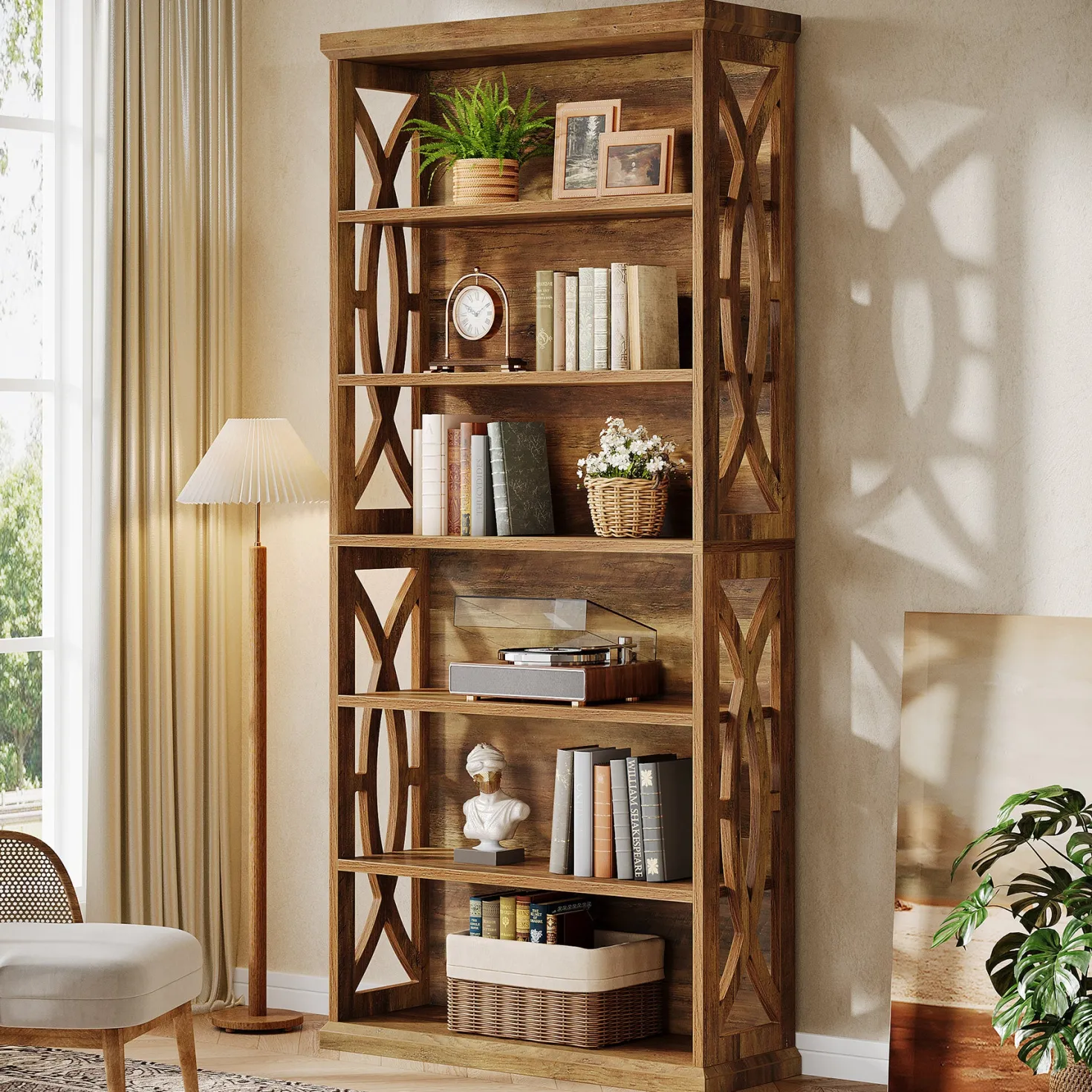 71" Wooden Bookshelf, 6-Tier Freestanding Bookcase Display Shelves