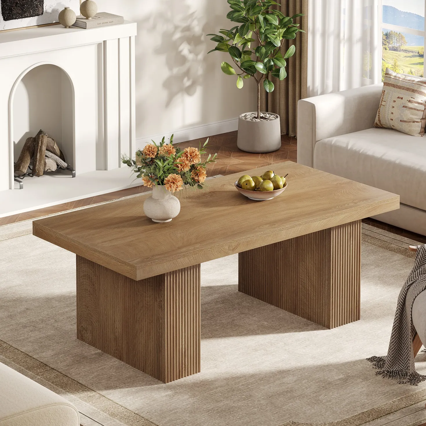47.2" Wooden Coffee Table, Rectangle Center Table with Thick Base