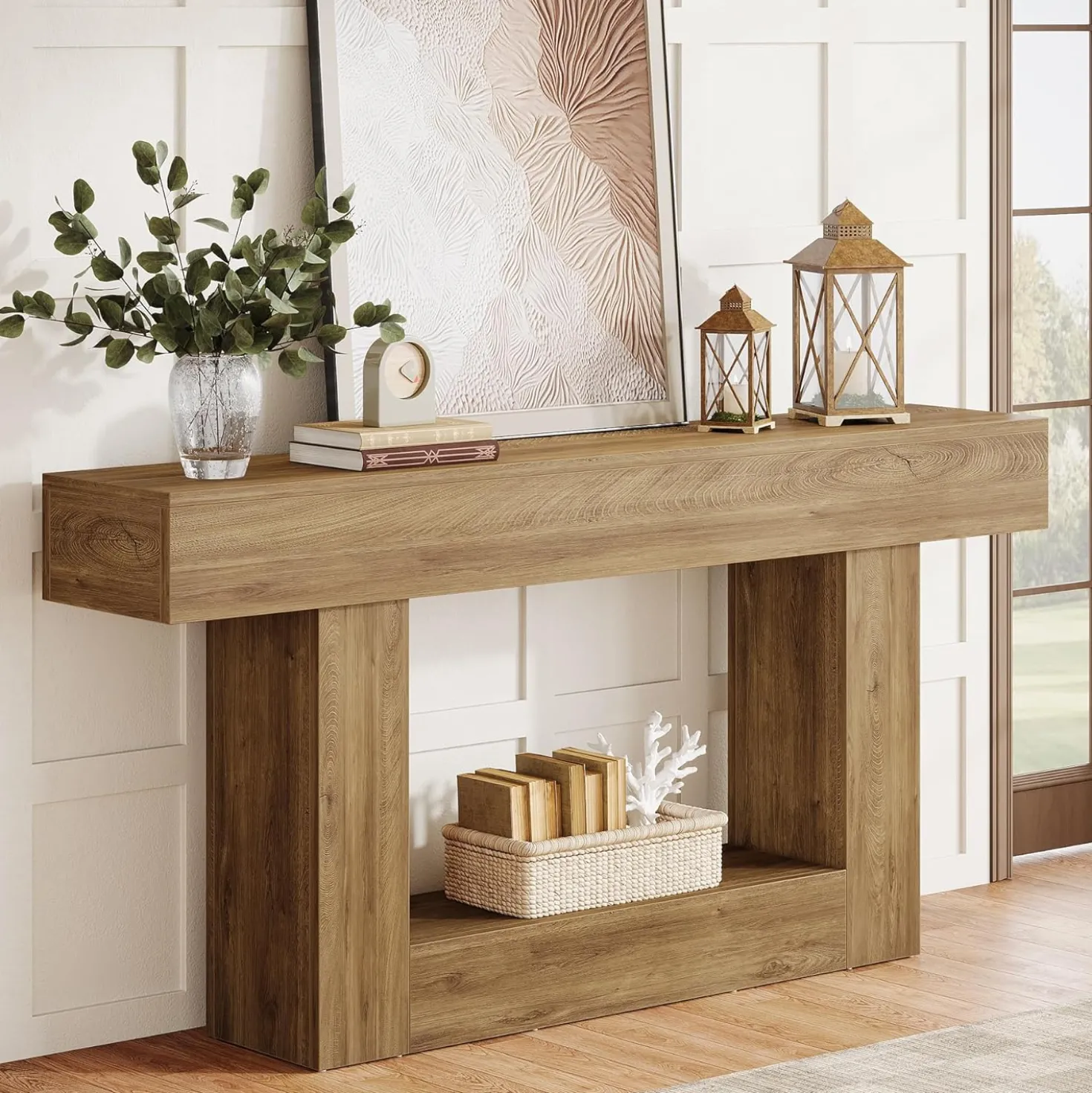 63" Wooden Console Table, Farmhouse 2-Tier Sofa Table Entryway Table