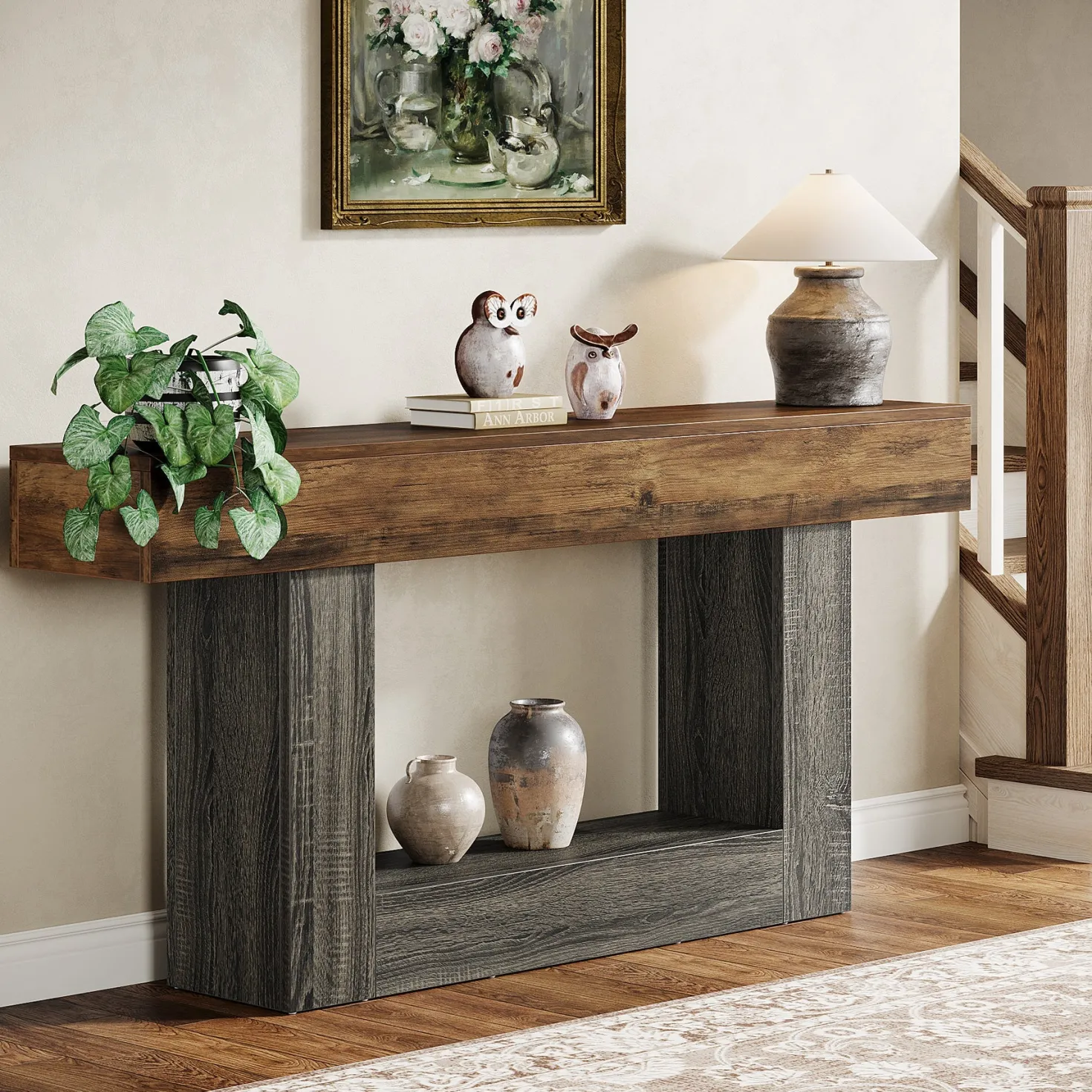 63" Wooden Console Table, Farmhouse 2-Tier Sofa Table Entryway Table