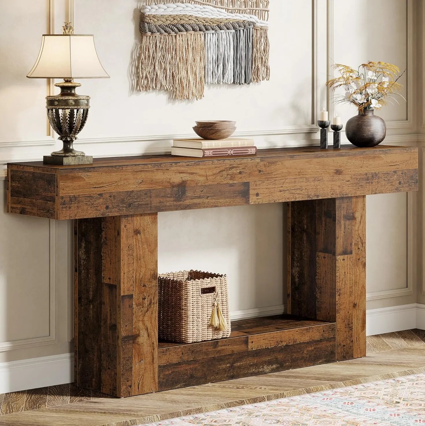 63" Wooden Console Table, Farmhouse 2-Tier Sofa Table Entryway Table